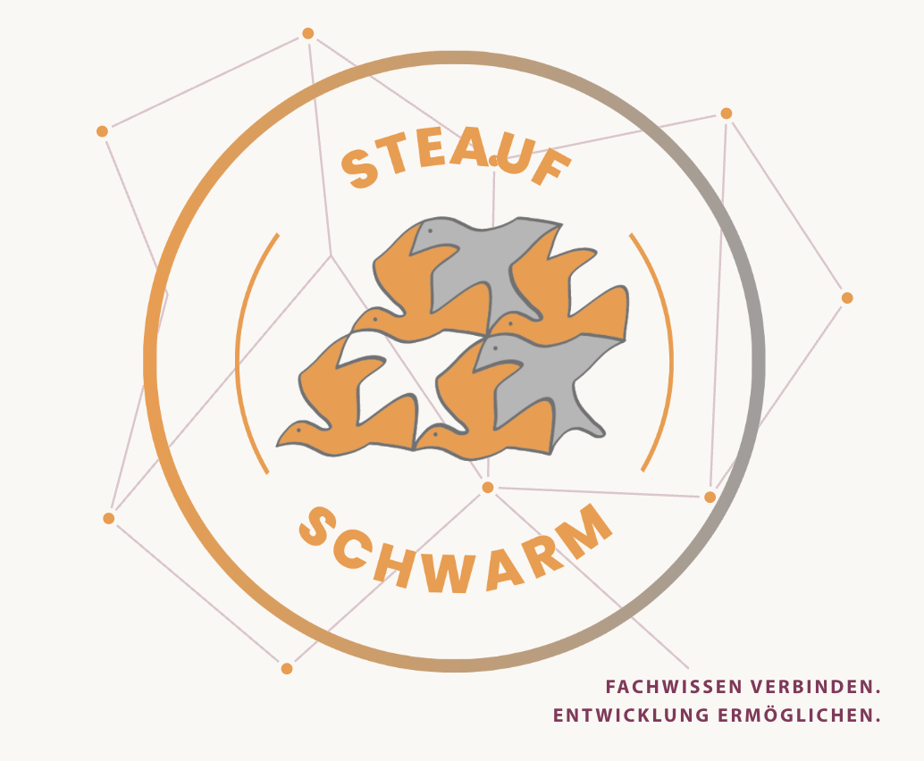 STEAUF-Schwarm mit verbundenen orange-grauen Vögeln: Fachwissen verbinden. Entwicklung ermöglichen.